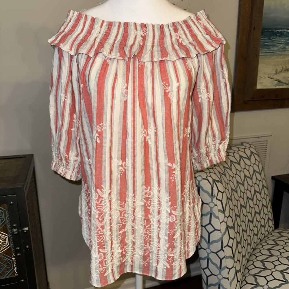 Misa Los Angeles Bijou Top Small Red Striped Embroidered Boho Peasant Blouse